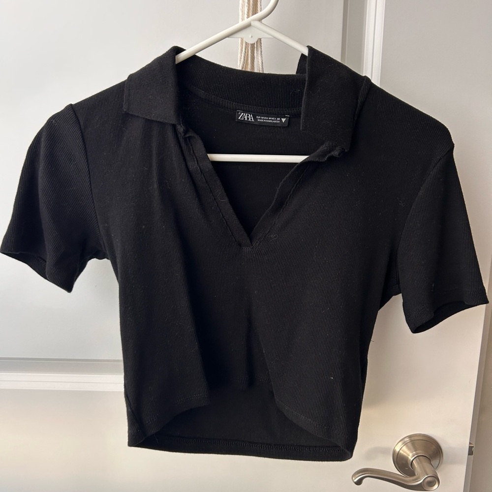 Zara Women's Black Collared Ribbed Crop Top